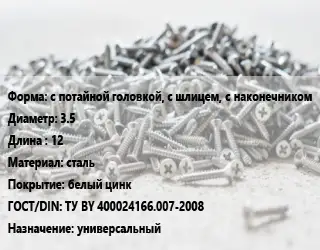 Шуруп с потайной головкой, с шлицем, с наконечником 3.5х12 сталь белый цинк ГОСТ: ТУ BY 400024166.007-2008 универсальный